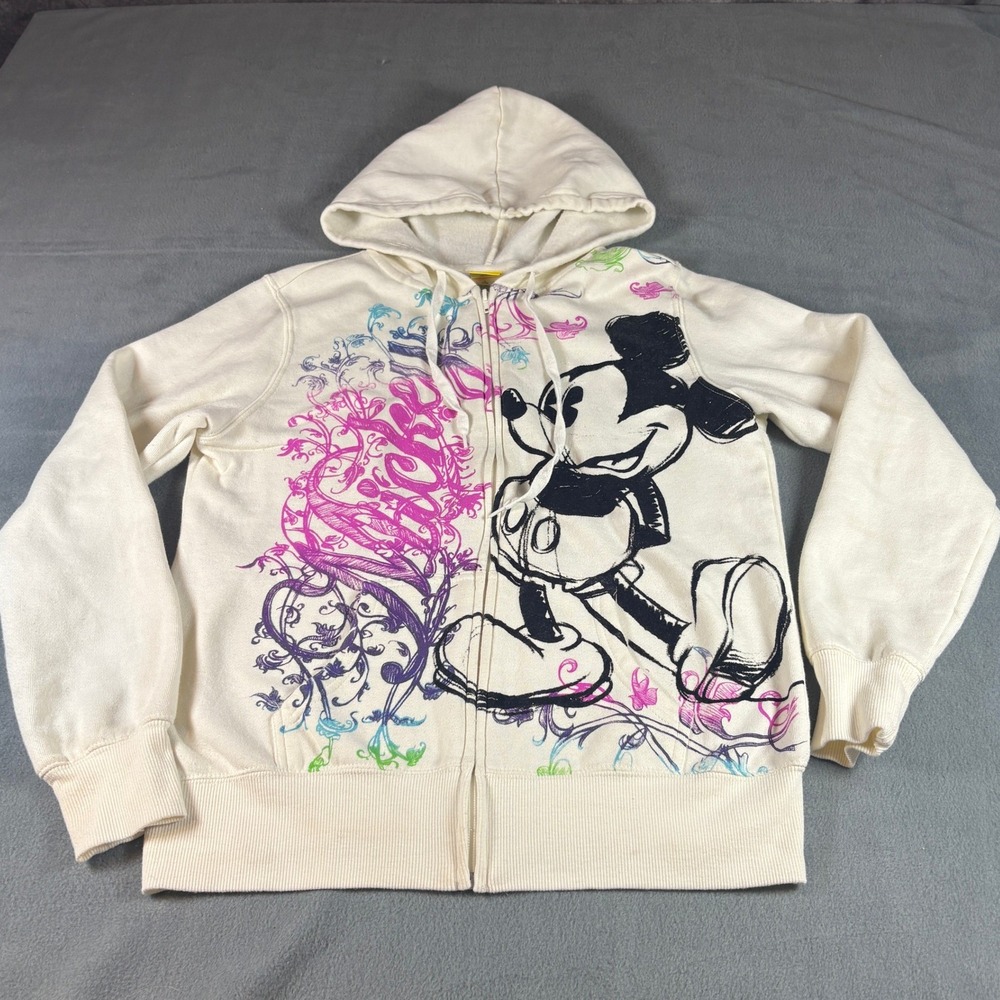 Disney Mickey Mouse Sketch Full Zip Hoodie Cream Floral Graphic Womens L JJ3815
